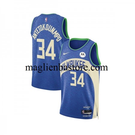 Maglia NBA Milwaukee Bucks Giannis Antetokounmpo 34 Nike 2023-2024 City Edition Blu Swingman - Uomo